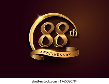 88th golden anniversary logo with gold ring and golden ribbon, vector design for birthday celebration, invitation card.