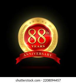 88th golden anniversary logo, with shiny ring and red ribbon, Laurel wrath isolated on black background, vector design