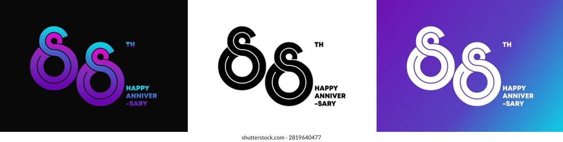 88th Happy Anniversary Typography Logo Collection on Black, White and Purple Gradient Backgrounds. Editable color and file.