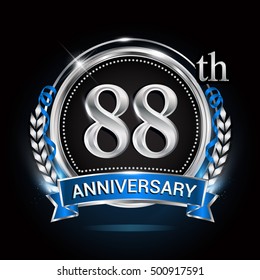 88th silver anniversary logo with laurel wreath, blue ribbon and ring. vector design.