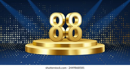88th Year anniversary celebration background. Golden 3D numbers on a golden round podium, with lights in background.