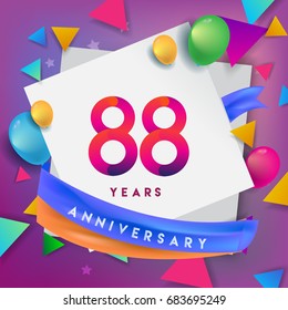 88th Years Anniversary Celebration Design, balloons and ribbon, Colorful design elements for banner, invitation, greeting card your eighty eight birthday celebration party.