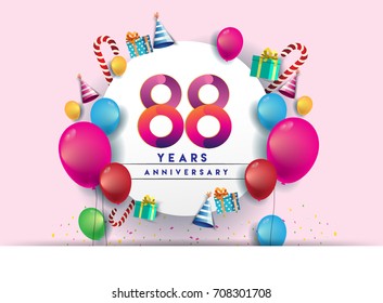 88th years Anniversary Celebration Design with balloons and gift box, Colorful design elements for banner and invitation card.