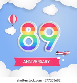 89 Anniversary Celebration Logo with Rainbow Colored and using Paper Art Design Style