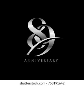 89 anniversary elegance silver chrome logo. linked number with swoosh on black background