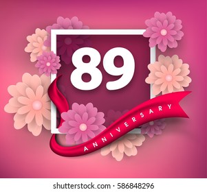 89 anniversary invitation card. Vector invitation card or Anniversary emblems template design. Design with abstract background and elegant frame with ribbon decorated and 3d flowers.