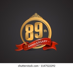 89 anniversary logotype style design luxury  golden color and ornament with warp red ribbon for company celebration event