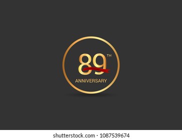 89 anniversary vector design golden color with ring and red ribbon isolated on black background