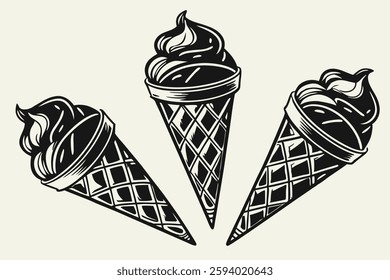 89 Black ice cream cones, gothic dessert, twisted spiral design, monochromatic, sculptural food art, matte finish, high contrast, minimalist composition, dark aesthetic, surreal confectionery, avant-g