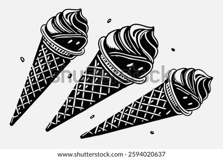89 Black ice cream cones, gothic dessert, twisted spiral design, monochromatic, sculptural food art, matte finish, high contrast, minimalist composition, dark aesthetic, surreal confectionery, avant-g