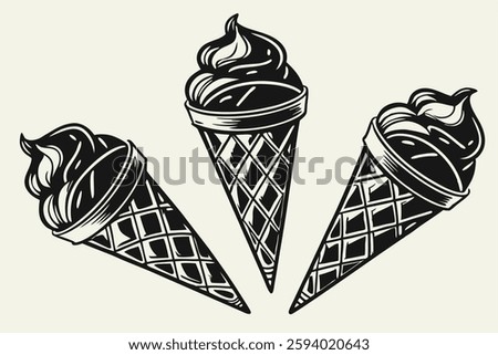 89 Black ice cream cones, gothic dessert, twisted spiral design, monochromatic, sculptural food art, matte finish, high contrast, minimalist composition, dark aesthetic, surreal confectionery, avant-g
