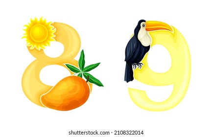 8,9 números brillantes con frutos de mango exóticos e ilustración de vector de pájaros toscanos