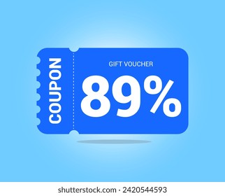 89% coupon promotion sale. Eighty nine percent Vector Gift Voucher. Blue discount, lucky ticket, special offer promo. Web, shopping label, percent sign. Special price offers.