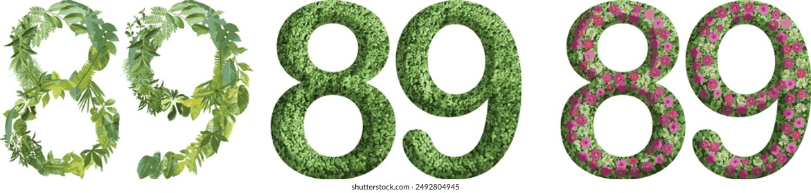 89, diseño hecho de hierba verde, hojas y flor, .conveniente para Plantillas de cumpleaños, aniversario y día conmemorativo, vaya concepto verde	
