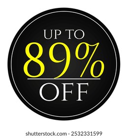 Etiqueta de descuento del 89%, forma redonda negra y amarilla, perfecta para promociones de marketing, comercio y ventas minoristas