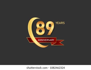 89 golden anniversary design logotype  with gold swoosh ring and red ribbon can be used  for celebration event, isolated on dark background