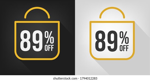 89% de descuento. Banner negro, blanco y amarillo con descuento del 89%. Vector de concepto de bolsa de compras.
