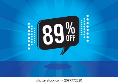 89% off. Blue banner with eighty nine percent discount on a black balloon for mega big sales