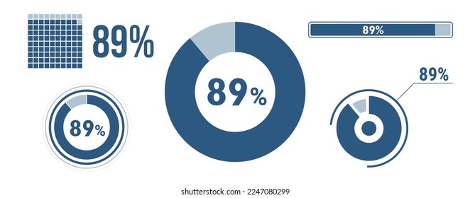 89 percent loading data icon set. Eighty-nine circle diagram, pie donut chart, progress bar. 89% percentage infographic. Vector concept collection, blue color.