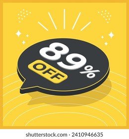 89 por ciento de descuento. Globo flotante 3D con promoción de ventas en fondo amarillo