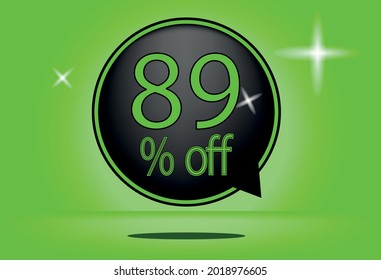 89 percent off black balloon and floating. with green background, banner 89% off green, shadow