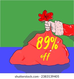 89% santa claus holding a christmas bag on sale discount percentage holiday december red yellow golden green blue