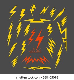 89 A set of electric lightning. Isolated vector illustration. Templates of graphic  elements for vintage logos, label and design vintage and stylish badges to print on t-shirts.

