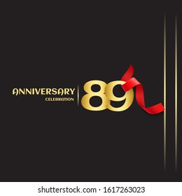 89 year anniversary logo template on black background. golden numbers with red ribbon vector
