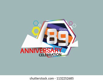 89 years anniversary celebration design with modern colorful hexagon. Vector illustration for use special celebration event