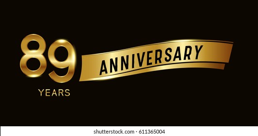 89 years anniversary celebration design template with gold ribbon