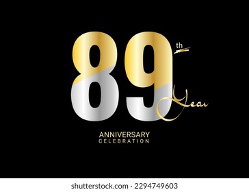 89 Years Anniversary Celebration gold and silver Vector Template, 89 number logo design, 89th Birthday Logo,  logotype Anniversary, Vector Anniversary For Celebration, poster, Invitation Card