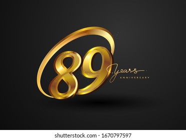 89 Years Anniversary Celebration. Anniversary logo with ring and elegance golden color isolated on black background, vector design for celebration, invitation card, and greeting card