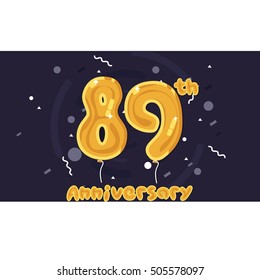 89 Years Anniversary Celebration Logo, Yellow foil balloon colored, Isolated on Dark Purple Background