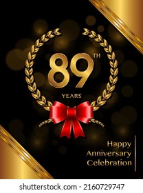 89 years anniversary celebration logotype with golden laurel and wreath, for booklet, leaflet, magazine, brochure poster, banner, web, invitation or greeting card. Vector illustrations.