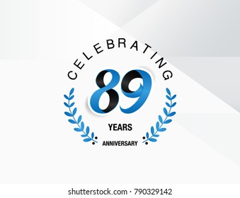 89 Years Anniversary celebration logotype , using combination blue and black colored font with laurel, isolated on white background