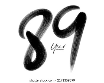 89 Years Anniversary Celebration Vector Template, 89 Years  logo design, 89th birthday, Black Lettering Numbers brush drawing hand drawn sketch, number logo design vector illustration