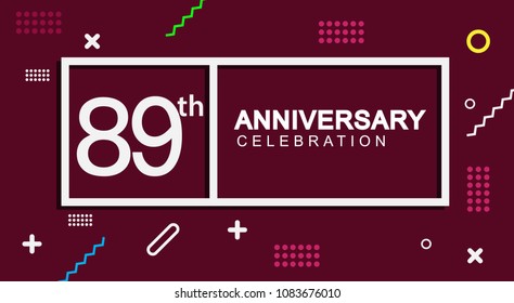 89 years anniversary celebration white square style isolated on dark purple with colorful memphis pattern background, design for anniversary celebration.
