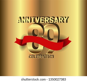 89 years Anniversary golden font with golden background and red ribbon. Red ribbon on top golden font number. Font with shadow. My all design can see in my portofolio