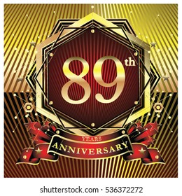 89 years anniversary logo celebration with ring and ribbon. Symbol and template for greeting card