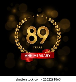 89 years anniversary logo with golden  laurel and red ribbon for booklet, leaflet, magazine, brochure poster, banner, web, invitation or greeting card. Vector illustrations.