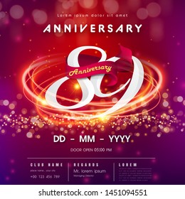 89 years anniversary logo template on red and pink  futuristic space background. 89th modern technology design celebrating numbers with Hi-tech network digital technology concept design elements