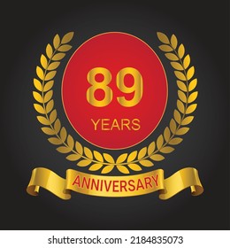  89 years anniversary logo template. gold numbers with golden ribbon.
