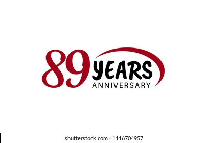 89 years anniversary red swoosh and black color design for company celebration isolated on white background 