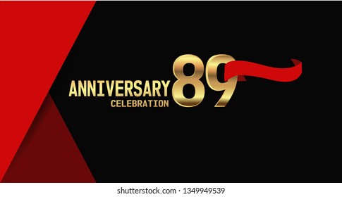 89 years Anniversary simple design with golden font and red ribbon, black and red background. red ribbon on the second font. elegant and simple design. My all design can see in my portofolio