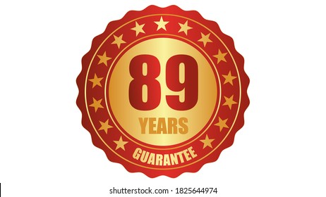 89 years guarantee stamp icon or a guarantee tag, badge, label, original certified concept seal vector illustration, logo isolated on white background and golden red text