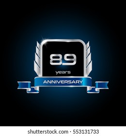 89 years silver anniversary celebration square logo with blue ribbon , isolated on dark background