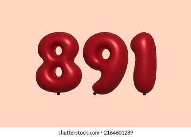 891 3d number balloon made of realistic metallic air balloon 3d rendering. 3D Red helium balloons for sale decoration Party Birthday, Celebrate anniversary, Wedding Holiday. Vector illustration