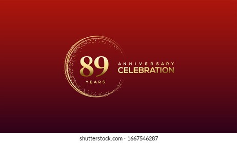 89th Anniversary background with an illustration of gold Colored figures with a circular glitter on a red background.