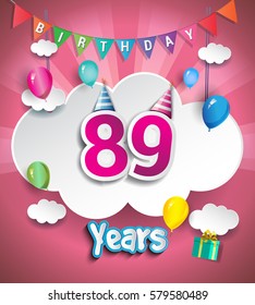 89th Anniversary Celebration Design, with clouds and balloons. using Paper Art Design Style, Vector template elements for your, eighty nine years birthday celebration party.