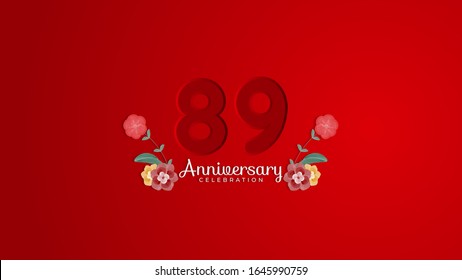 89th Anniversary celebration. Emboss number with Gradient red background and flowers decoration. Modern elegant simple background design vector EPS 10. Can be used for company or wedding.